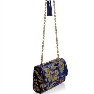 NEW TORY BURCH blue velvet floral print handbag